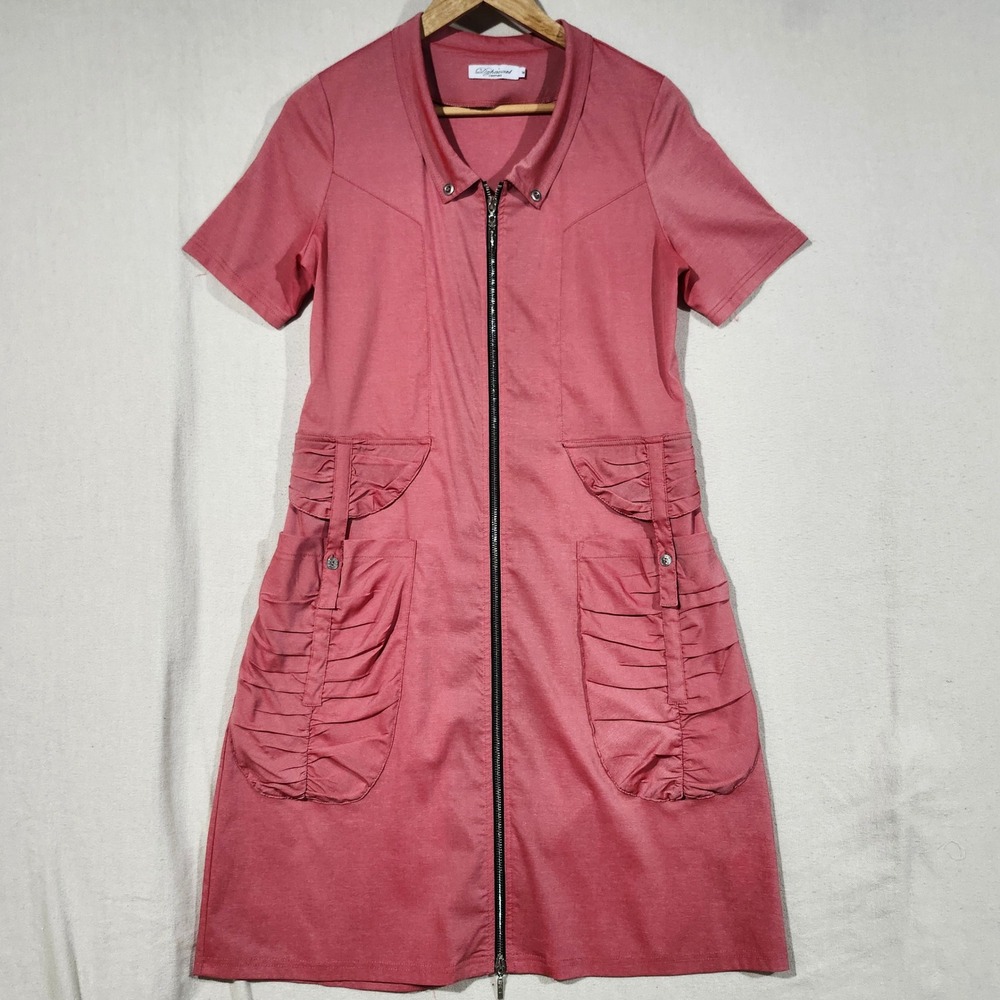 Dzhavael Couture Dress Women's Medium Pink‎ Full Zip Short Sleeve Pockets Modern